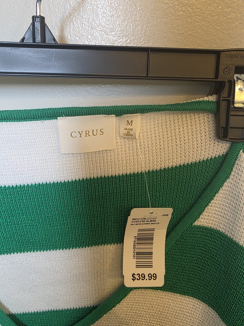 Cyrus Green and White Striped V-Neck Knit Top